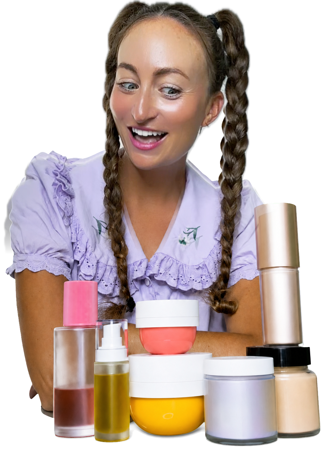 Kristin Lopopolo presenting a colorful collection of beauty products